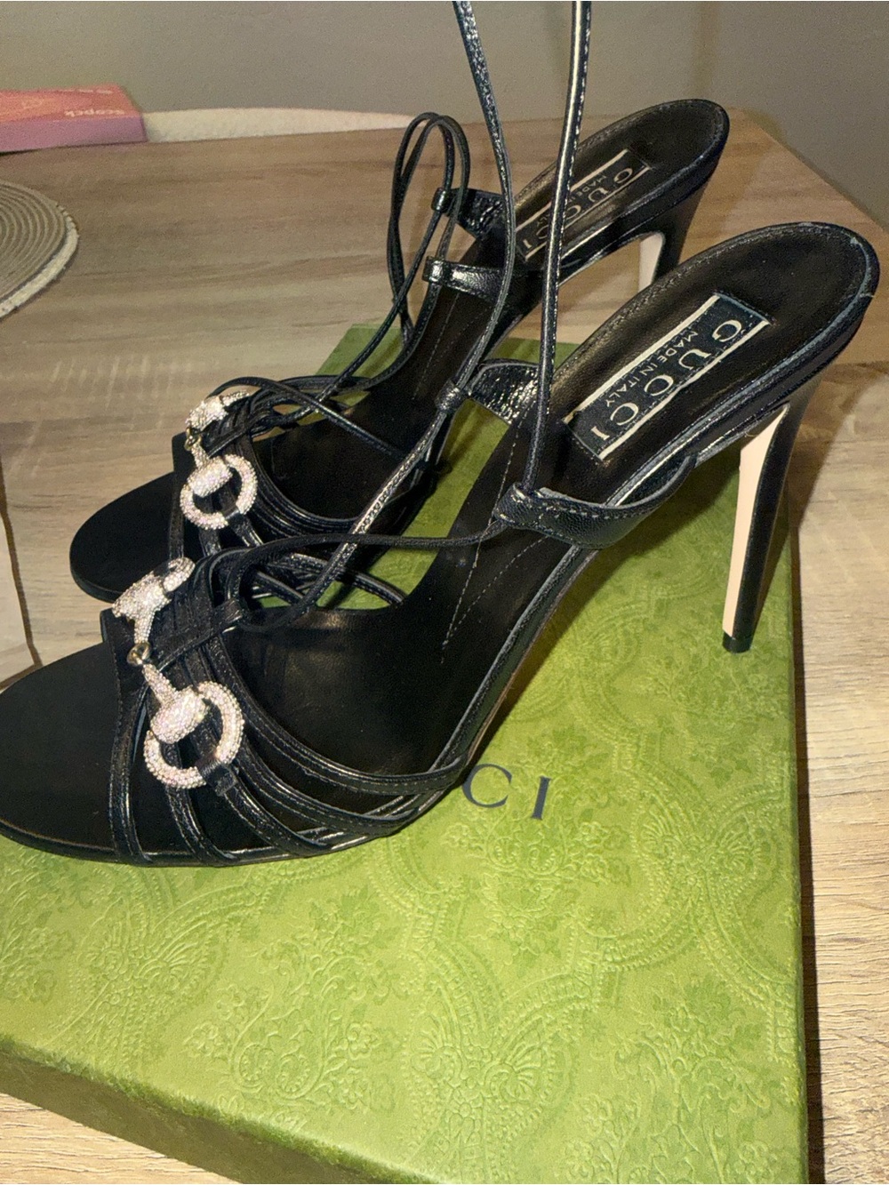 Gucci Black Leather Crystal Horsebit Lace-Up Heels - Picture 2 of 7
